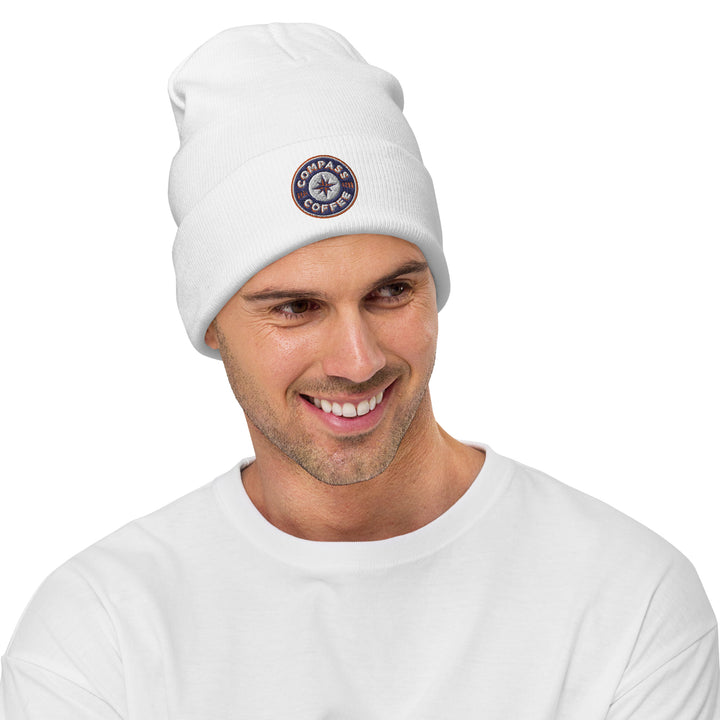 Compass Coffee Knit Beanie in White Front View