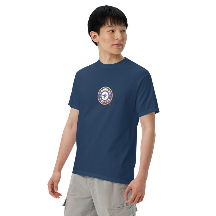 Compass Coffee Unisex Garment Dyed Heavyweight TShirt in Navy Sideways