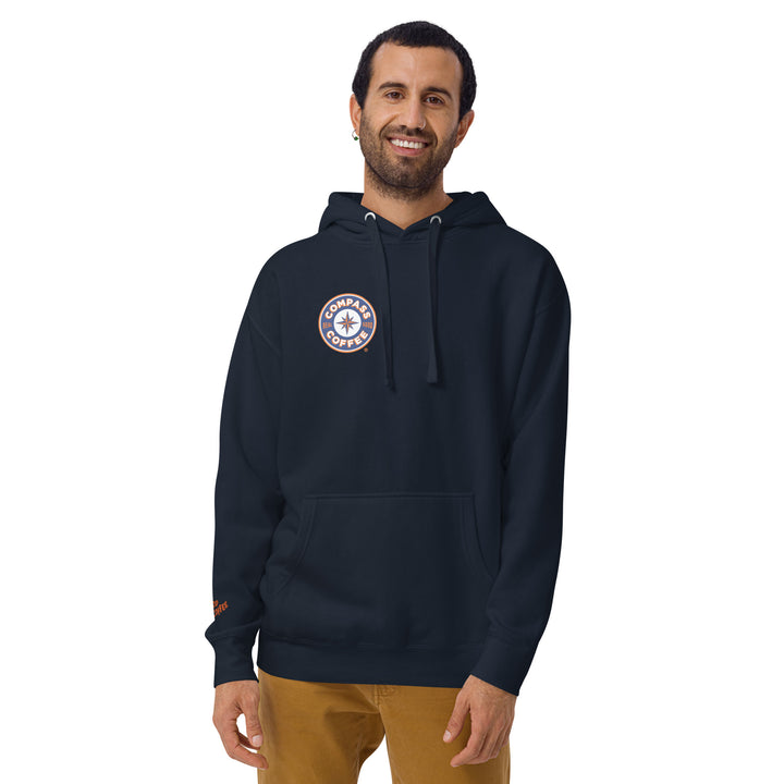 Compass Coffee Hoodie in Navy Blazer Front