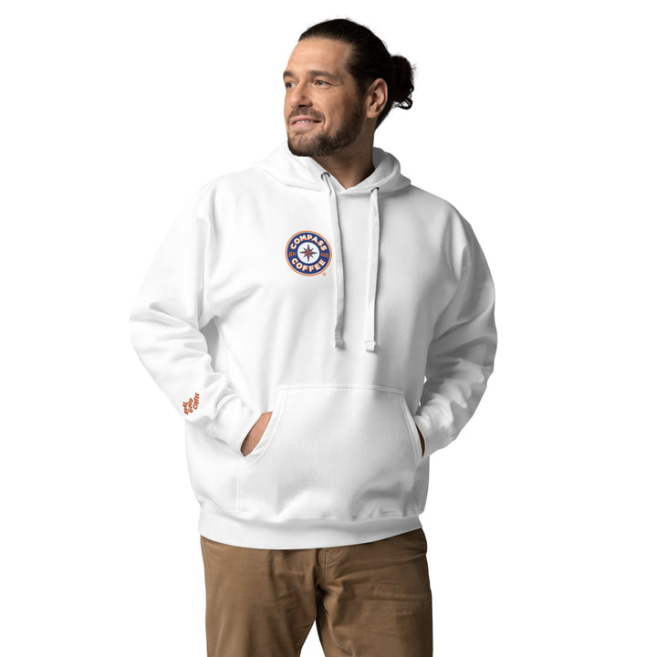 Compass Coffee Hoodie in White Front