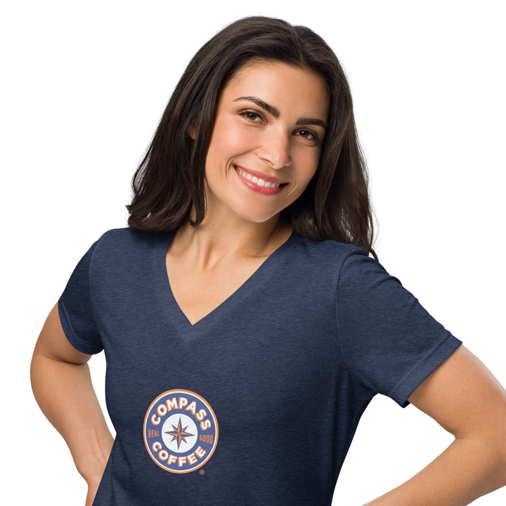 Compass Coffee V Neck T Shirt Navy