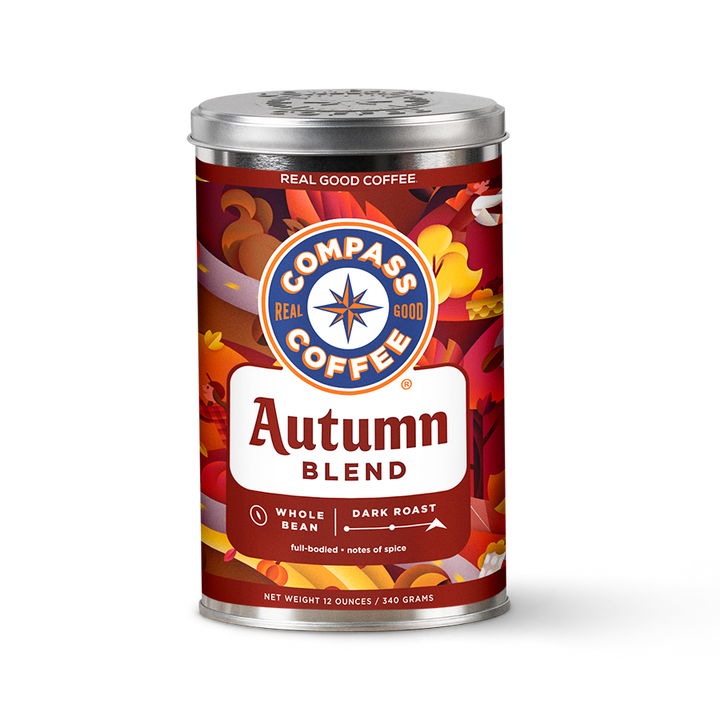 Compass Coffee Autumn Blend 12oz Tin Dark Roast Whole Bean