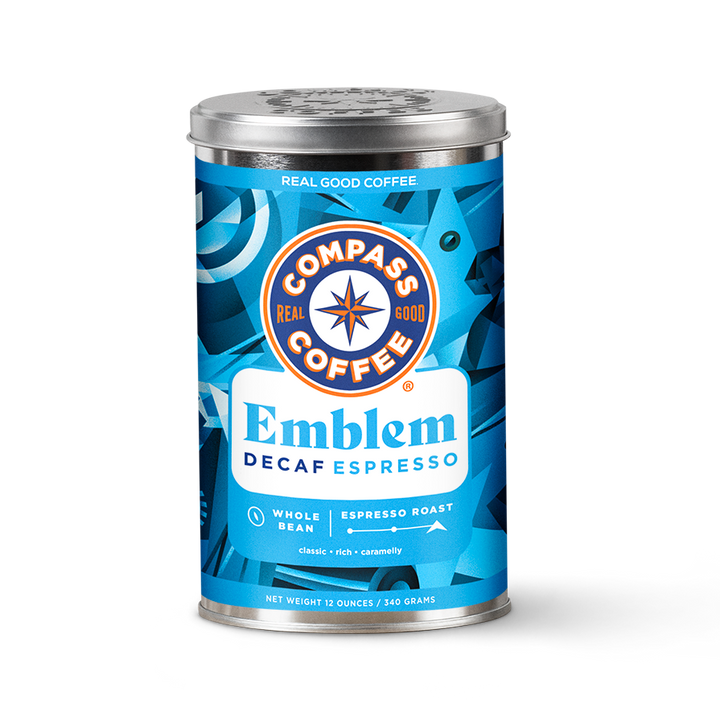 Compass Coffee Decaf Emblem Espresso 12oz tin Whole Bean