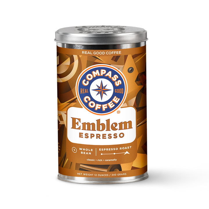 Compass Coffee emblem espresso whole bean 12oz tin espresso roast