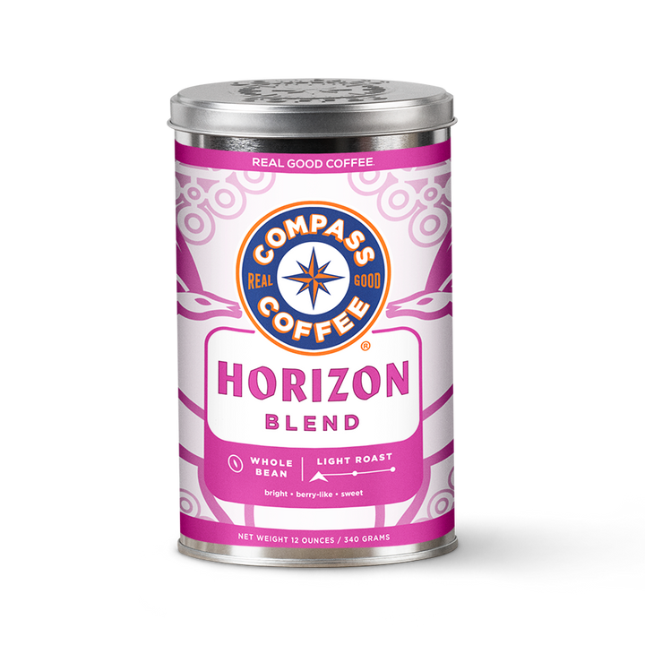 Compass Coffee horizon light roast coffee beans 12oz tin bulk bag